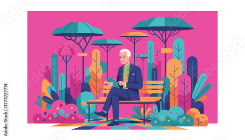 Senior businessman uses a tablet on a park bench in a vibrant stylized vector illustration