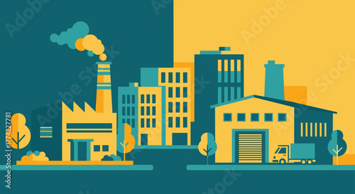 Flat design city industry landscape with factory urban buildings warehouse and delivery truck