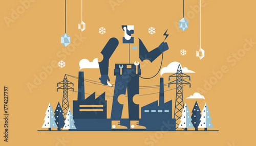 Maintenance worker securing electric power in a winter industrial landscape
