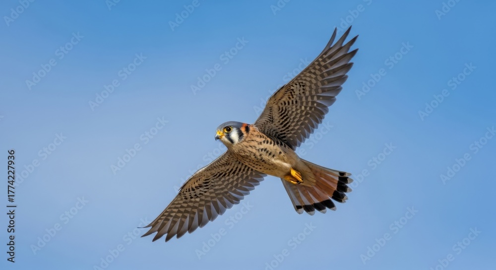Fototapeta premium Magnificent american kestrel soaring gracefully with open wings against the sky