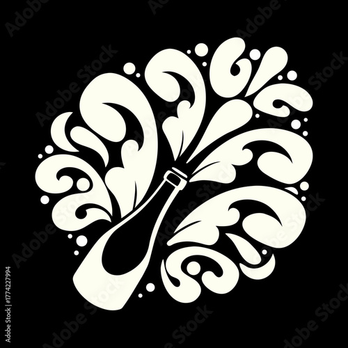 Champagne bottle with abstract splash and bubbles celebration