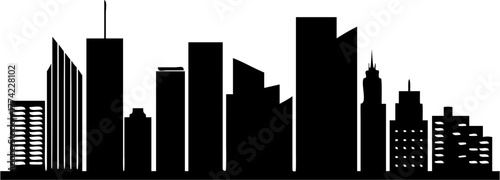 Silhouette of a city skyline with various buildings and skyscrapers against a white background view of town