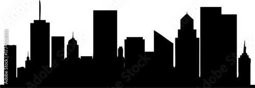 Silhouette of a cityscape with various buildings and skyscrapers against a white background at daytime