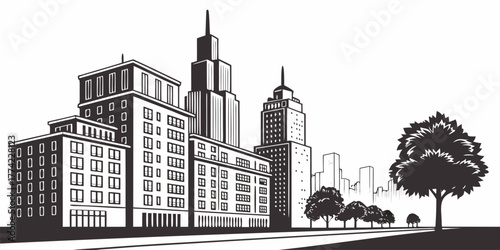 Illustration of a cityscape with tall buildings and trees in a black and white color scheme style