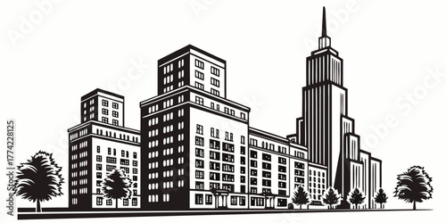 Illustration of a cityscape featuring tall buildings and trees in a black and white color scheme