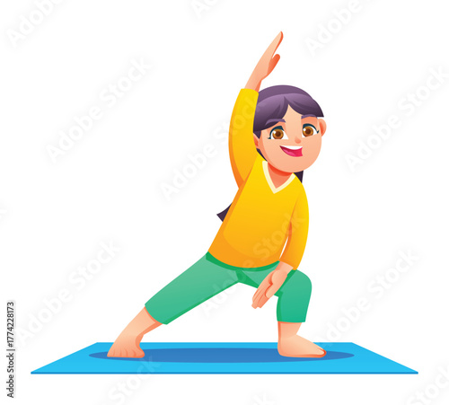 Happy girl practicing Extended Side Angle Pose on a mat. Kid doing a standing stretch for flexibility. Vector cartoon character illustration