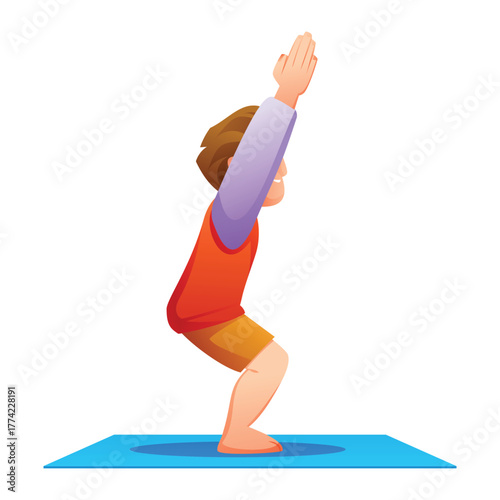 Young boy practicing Chair Pose (Utkatasana) on a mat. Kid doing a warming-up exercise for wellness. Vector cartoon character illustration