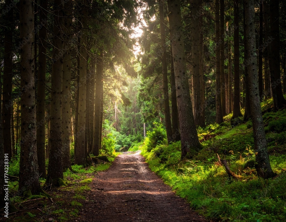 Fototapeta premium Lush forest path leads towards sunlight streaming through the trees