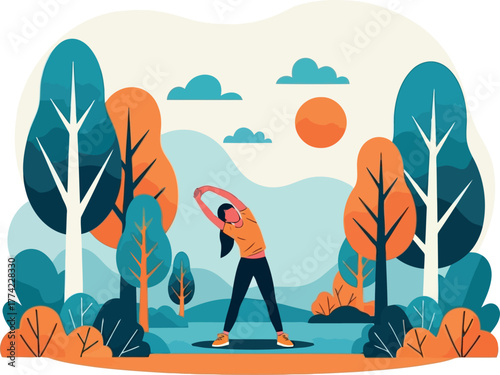 Vector illustration of woman stretching in park with trees and mountains