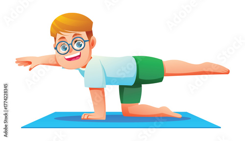 Smiling kid practicing Bird Dog Pose (Balancing Table Pose) on a mat. Boy doing a core-strengthening workout. Vector cartoon character illustration