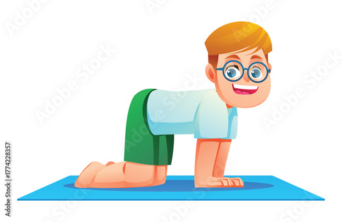 Happy boy in Cow Pose (Bitilasana) on a mat, on hands and knees with her back slightly arched and head up. Vector cartoon character illustration