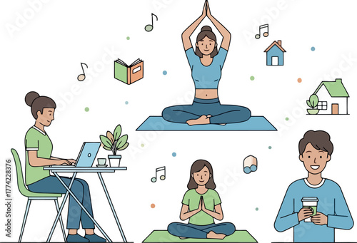 Vector illustration of people doing yoga, working from home, and enjoying leisure time