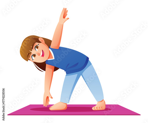 Happy girl practicing Extended Triangle Pose Variation on a mat. Kid doing a standing side bend stretch. Vector cartoon character illustration