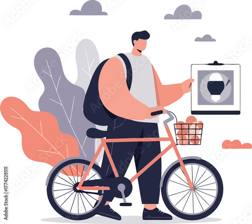 Vector illustration of man with bicycle delivering coffee