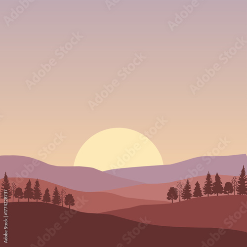 Sunset Landscape with Mountain Silhouette