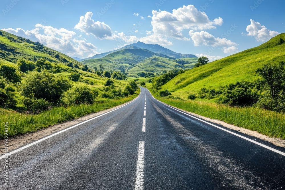Fototapeta premium Serene Mountain Road Under a Blue Sky: A Scenic Journey Through Nature's Beauty