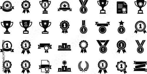 Award icons vector illustration, trophies medals ribbons certificates podiums laurel wreaths badges, recognition and achievement symbols, black minimal design, success celebration graphic set