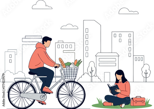 Vector illustration of man riding bicycle with groceries and woman reading book in city park