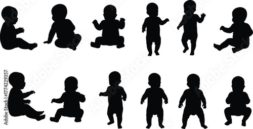 Baby silhouettes vector illustration, infants crawling sitting standing reaching in playful poses, black outline icons, childhood development design, minimal abstract style