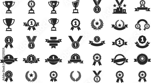 Award icons vector illustration, trophies medals ribbons podiums laurel wreaths badges, recognition and achievement symbols, black minimal design, success celebration graphic set