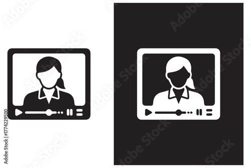 Video conference icon vector illustration of a woman on screen simple flat design for user interface