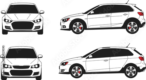 Car design vector illustration, front and side view compact hatchback, modern automobile silhouettes with sporty details, black outline icons, automotive concept art
