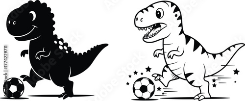 Cartoon dinosaurs playing soccer vector illustration, prehistoric animals kicking football in playful action scene, children’s design icons, black outline artwork, fun minimal style