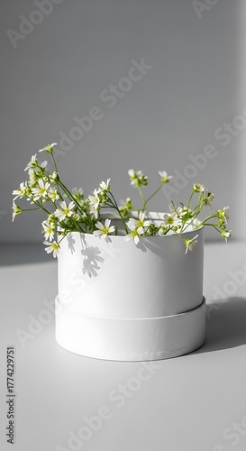 Minimalist White Vase with Delicate Green Flowers on a Table.
