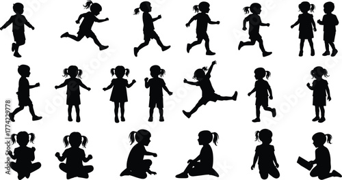 Child silhouettes vector illustration, girl with ponytail walking running jumping reading sitting standing in playful poses, black outline icons, minimal abstract design