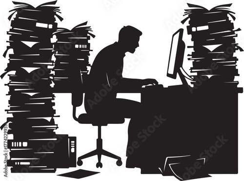Overwhelmed office worker silhouette at computer desk, buried under massive stacks of paper, symbolizing heavy workload, data overload, and business bureaucracy or stress.