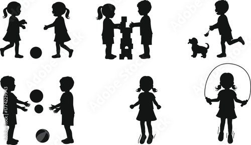 Children silhouettes vector illustration, kids playing with ball skipping rope jumping running walking dog stacking blocks in playful poses, black outline icons, minimal abstract style