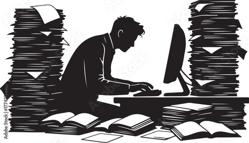  Overwhelmed Worker or Student at Desk with Computer and Piles of Paperwork, Representing Stress and Bureaucracy