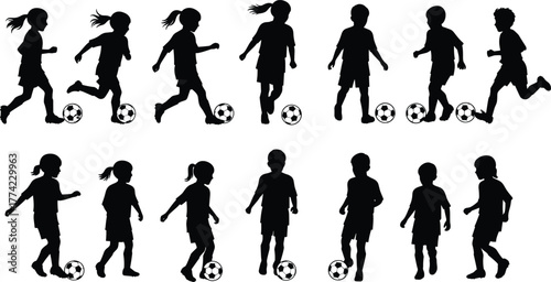 Children silhouettes vector illustration, kids playing soccer with football in various poses, running walking kicking dribbling, youth sports activity icons, black minimal design
