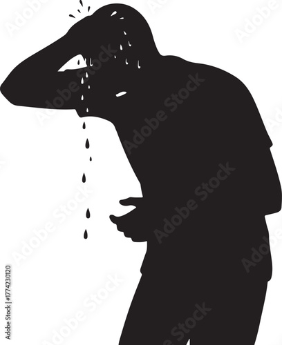  Black silhouette of a person profusely sweating or pouring water over their head, representing heat, exhaustion, physical strain, or fever on a white background.
