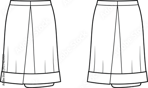 Skirt flat sketch, technical fashion drawing, apparel design template, front view, waistband darts, hem band, straight silhouette, pleated detail illustration