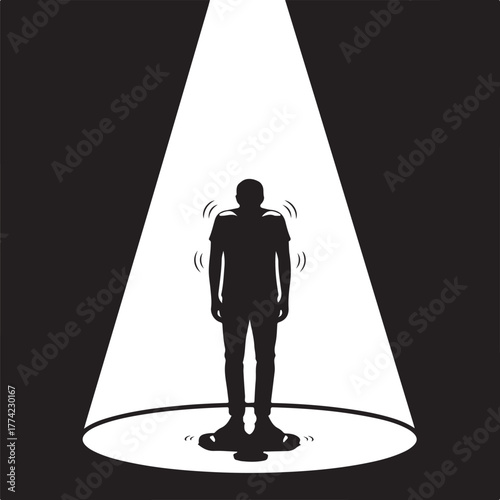Person in Spotlight Shaking with Anxiety A conceptual image of stress, fear, public pressure, or stage fright and mental health struggles