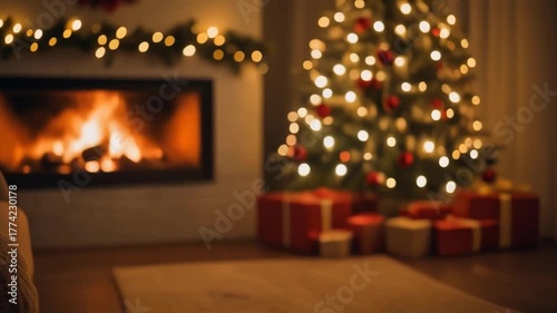 Cozy living room decorated for Christmas, glowing fireplace, Christmas tree lights softly twinkling, warm bokeh, cinematic slow pan