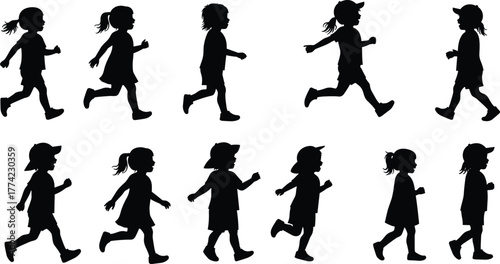 Children silhouettes vector illustration, kids walking and running in side profile poses, black outline icons, childhood activity design, minimal abstract style