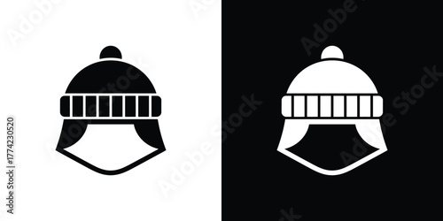 Winter Hat Icon on Split Background with Ear Flaps Pompom Topped Isolated