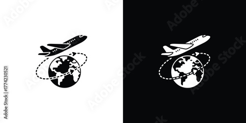 Airplane Flight Icon Around the Earth Globe, Route Line Isolated on Transparent Background
