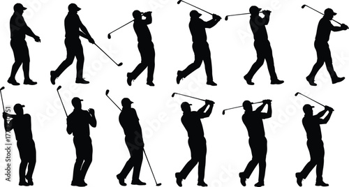 Golf swing silhouettes vector illustration, golfer swinging club in multiple stages of motion, sports activity icons, black outline design, minimal abstract style