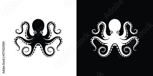 Octopus Symmetrical Monochrome Design, Sea Creature Silhouette with Curled Tentacles