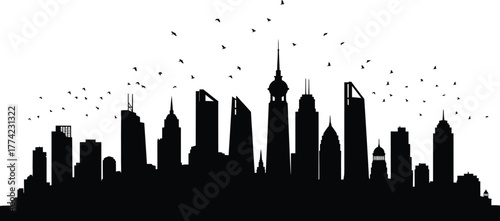 Silhouette of a modern city skyline with tall buildings and skyscrapers, representing urban development and architectural design isolated on white background