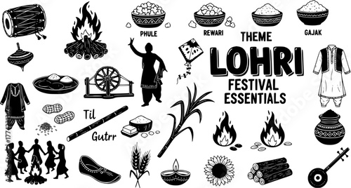 Lohri Festival Essentials Icons Set: Traditional Indian Harvest Celebration Elements, Symbols, Food, and Activities