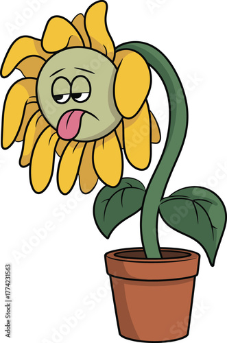 Sad wilted sunflower cartoon illustration showing drooping petals and tired face in pot, concept of dehydration, heat, and plant care