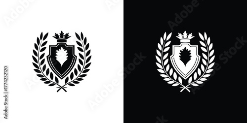 Black and white crown shield encircled by laurel wreath, crest element design