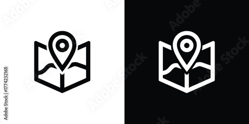 Black and White Map Icon with Location Pin on Transparent Background Design