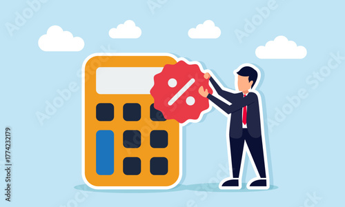 Businessman placing a discount or percent icon on a calculator illustration of promotion calculation for marketing purposes