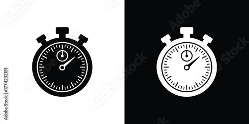 Analog Stopwatch Icon in Black and White on Split Contrasting Background