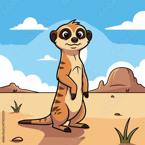 Cartoon meerkat standing upright in the desert landscape.